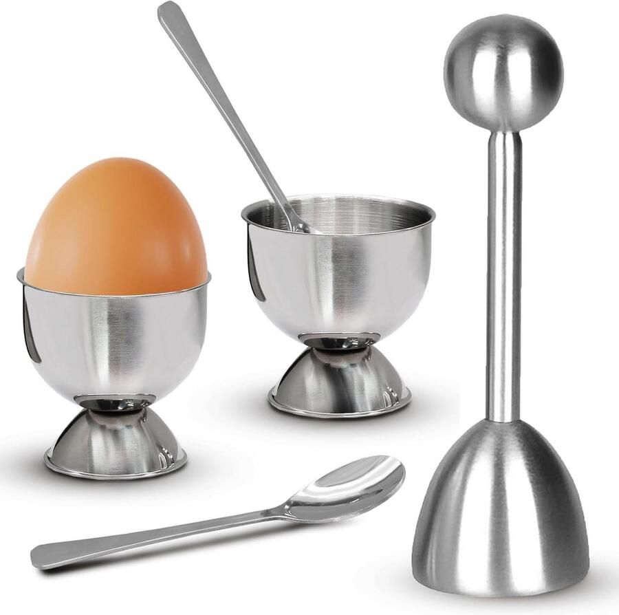 Eierdopjes en Lepels Set Eierhouders Eierkoker Set Ontbijt Serveren Roestvrij Staal 5 Delig Zilver