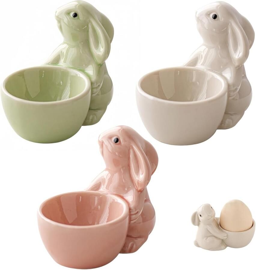 Eierdopjes haas set van 3 of enkel paaseihouder van porselein voor ontbijt en paasdecoratie konijnenfiguur in groen roze wit schattige tafeldecoratie (groen roze wit set