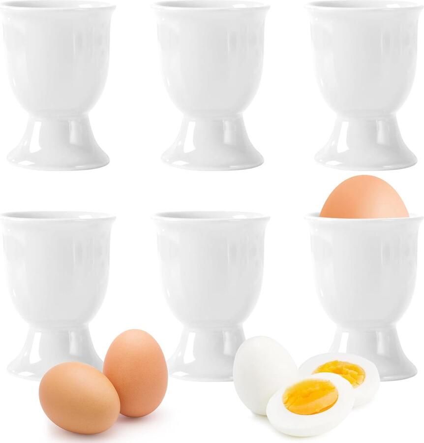 Eierdopjes in 6-delige set eierhouder eierstandaard porselein van keramiek voor het zachte of harde ontbijt bij brunch & buffet wit
