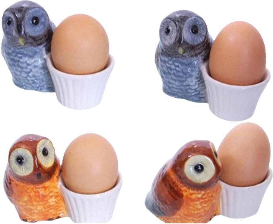 Eierdopjes keramiek servies set dieren motieven 4-delig goede kwaliteit (uilen 2 grijs bruin 2 bruin beige)