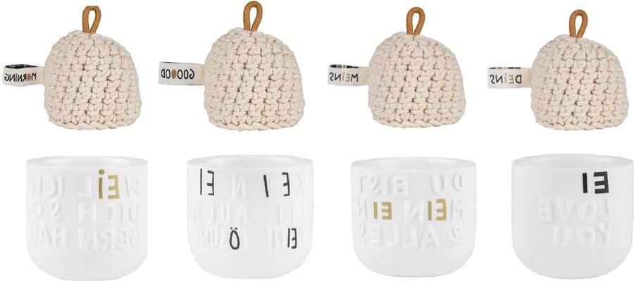 Eierdopjes set Eierdopjes met muts Ontbijt serveren Verschillende motieven Ø 5 cm Wit en zwart