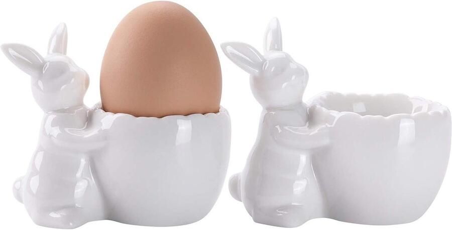Eierdopjes Set Eierhouders Ontbijt Serveren Schattig Haas Design Set van 2 Wit