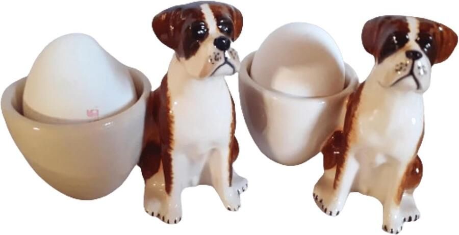 Eierdopjes Set Hondjes Design Ontbijt Tafel Handgemaakt Keramiek 2 Stuks Bruin