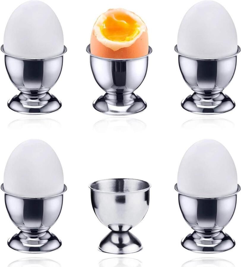 Eierdopjes Set Houder Tray Ontbijt Serveren Stapelbaar Ontwerp 6 Stuks Zilver