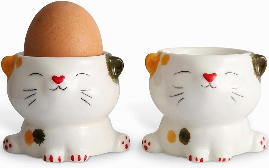 Eierdopjes Set Keramiek Houders Ontbijt Serveren Schattig Kat Design Set van 2 Wit