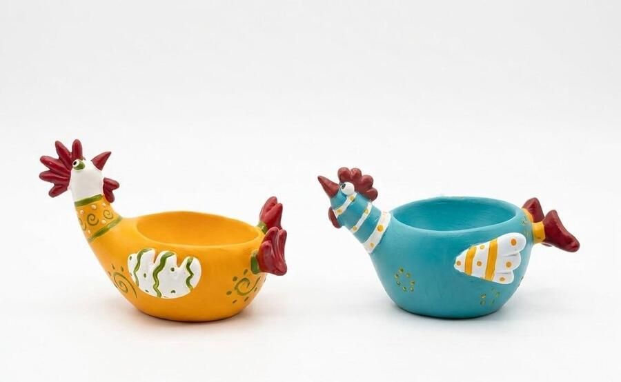 Eierdopjes Set Kippen Houders Ontbijt Tafel Handgeschilderd Decor Set van 2 Blauw Geel