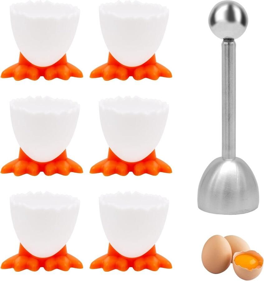 Eierdopjes set Kippenpoten houders Ontbijt serveren Inclusief eieropener 6 stuks Wit