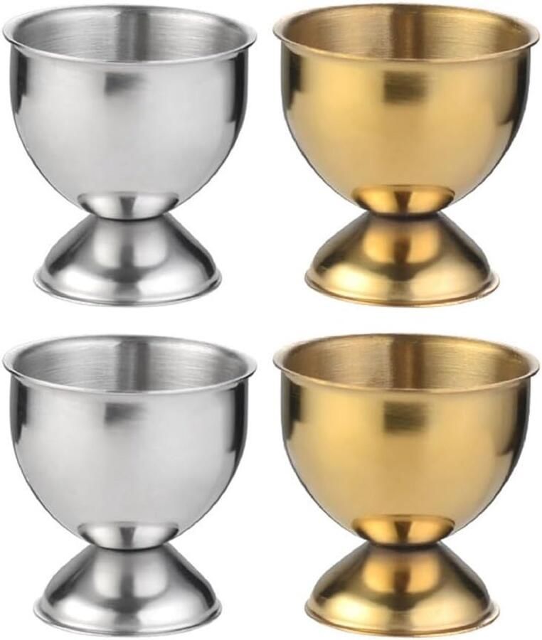 Eierdopjes Set Metalen Houders Ontbijt Tafel Stapelbaar Ontwerp 4 Stuks Zilverkleurig