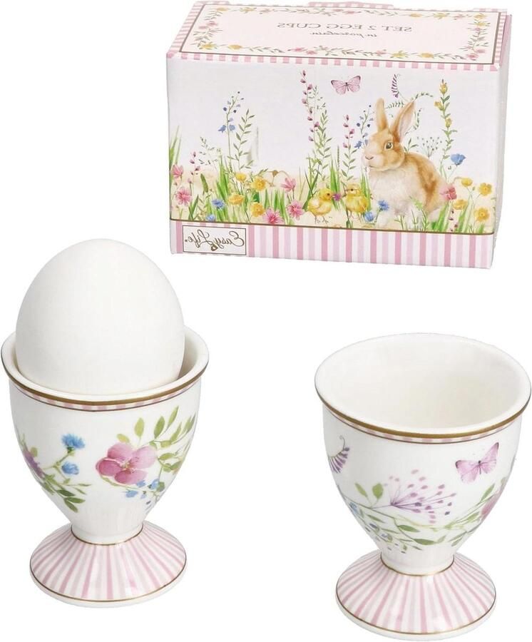 Eierdopjes set Paasdecoratie Ontbijt serveren Porselein met decoratie Set van 2 Wit roze