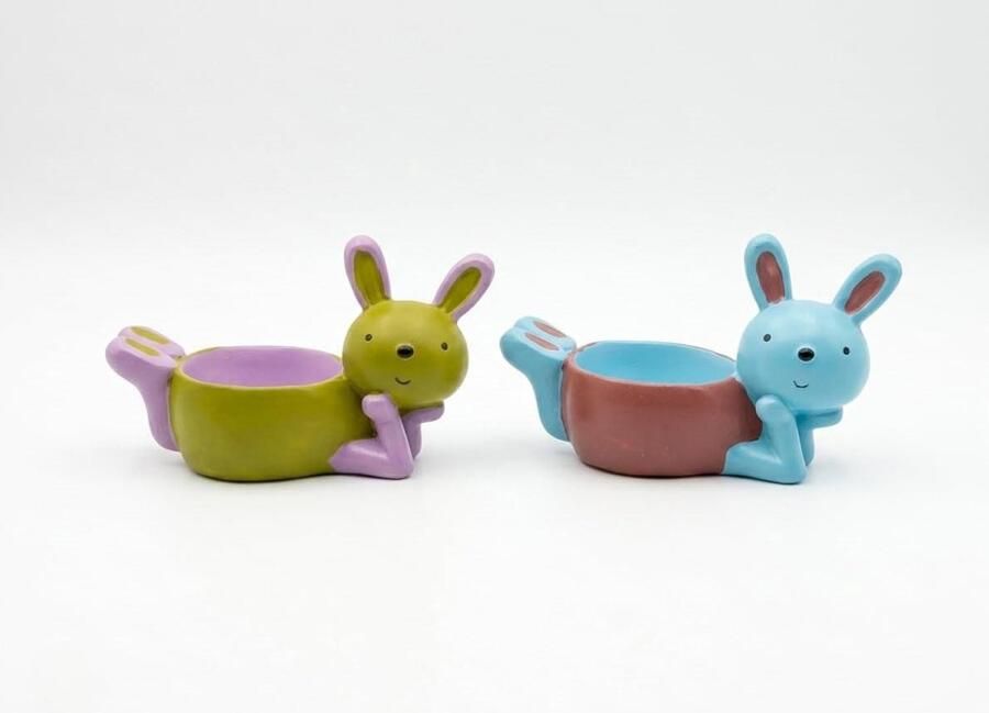 Eierdopjes Set Paasdecoratie Ontbijt Speels Ontbijten Charmant Haas Design Set van 2 Multicolor