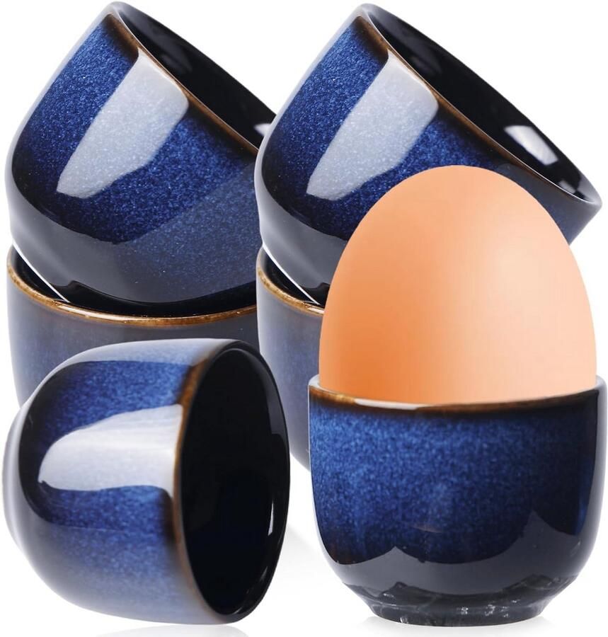 Eierdopjes set Porselein houders Ontbijt tafel Uniek patroon 6 stuks Blauw zwart