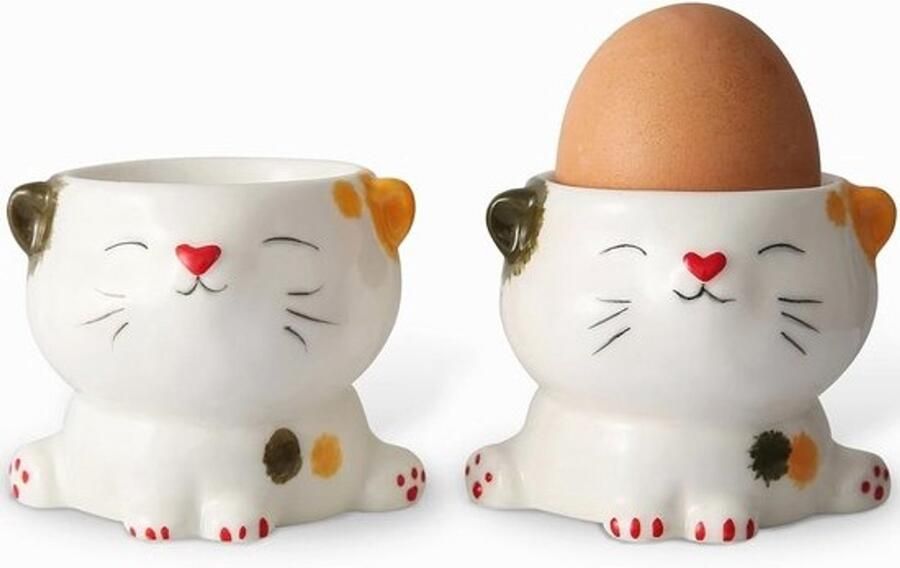 Eierdopjes set van 2 keramiek met schattig kattenontwerp voor eieren servies en decoratie