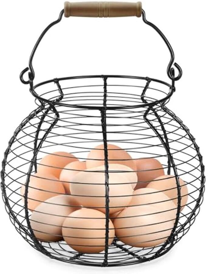 Eierhouder Draad met Houten Handvatten voor Eieren Fruit en Groenten Metalen Mand voor Keuken Rustiek en Functioneel