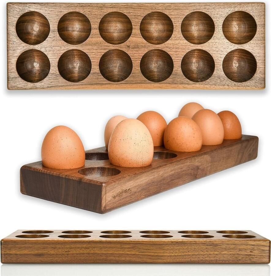 Eierhouder Eierbox Luxe bewaren Handgemaakt massief hout Voor 12 eieren Walnootbruin