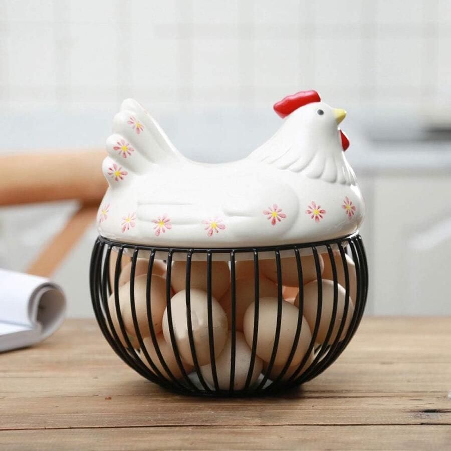 Eierhouder Mand Opbergmand Keuken Organisatie Met Keramiek Kip 22cm Hoog Zwart