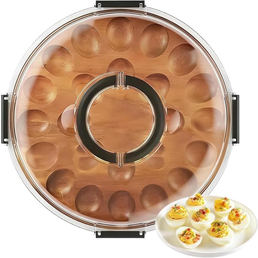 Eierhouder Serveerschaal Houten Dienblad Feestelijke Presentatie 24 Sleuven Met Deksel 34 cm Diameter Natuurlijk Hout