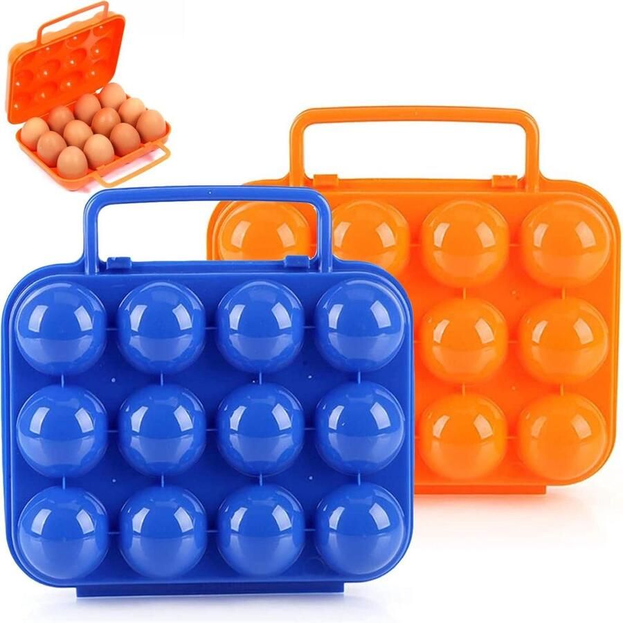 Eierhouders Kunststof Draagbare Eierdoos Outdoor Activiteiten Handvat en 24 Rasters 2 Stuks Oranje en Blauw