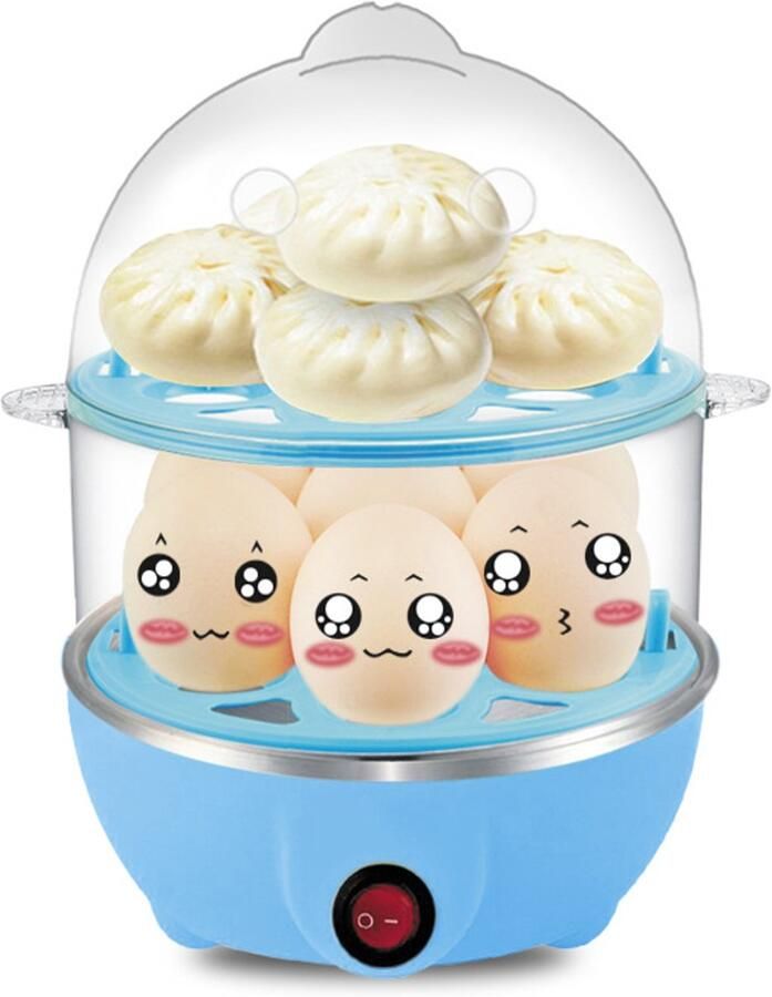 Eierkoker 1 stuk Blauw Eierkoker electrisch Eierwekker Eierkoker met timer Eierstoomer 350 watt Capaciteit 14 eieren Dubbele laag lazy egg cooker Met automatische uitschakelfunctie Multifunctioneel Verwarmen van melk voedsel