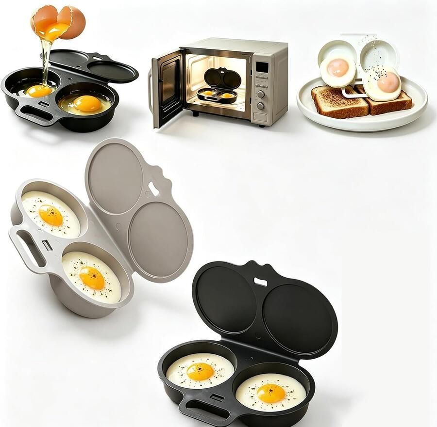 Eierkoker 2 stuks Magnetron Eierkoker Dubbele Houders Eierstoompan Gepocheerd Ei Egg Poacher Hittebestendige Koker Snel koken 16x12x3cm grijs zwart