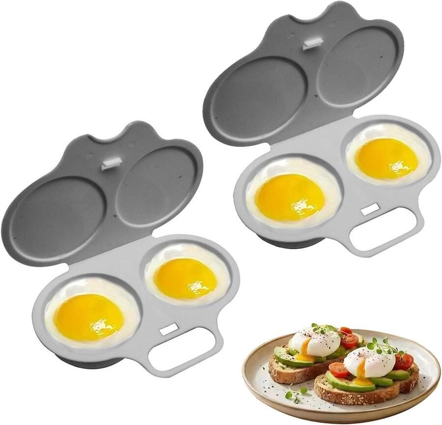 Eierkoker 2 stuks Magnetron Eierkoker Ei Koker Snelle magnetron-eierkoker Dubbele Holte Voedselveilig PP-plastic Met Deksel en Handvat Draagbare Voor het koken van 2 ei Compact formaat Voor Keuken Ontbijt 16x11 5x3cm grijs