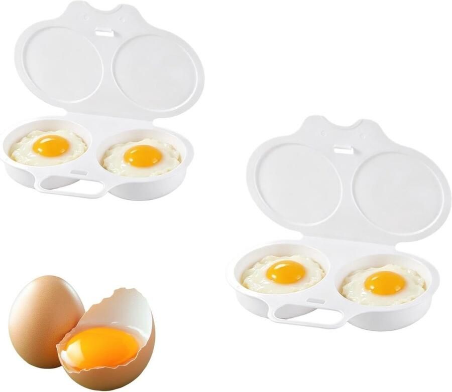 Eierkoker 2 stuks Magnetron Eierkoker Ei Koker Snelle magnetron-eierkoker Dubbele Holte Voedselveilig PP-plastic Met Deksel en Handvat Draagbare Voor het koken van 2 ei Compact formaat Voor Keuken Ontbijt 16x11 5x3cm Wit