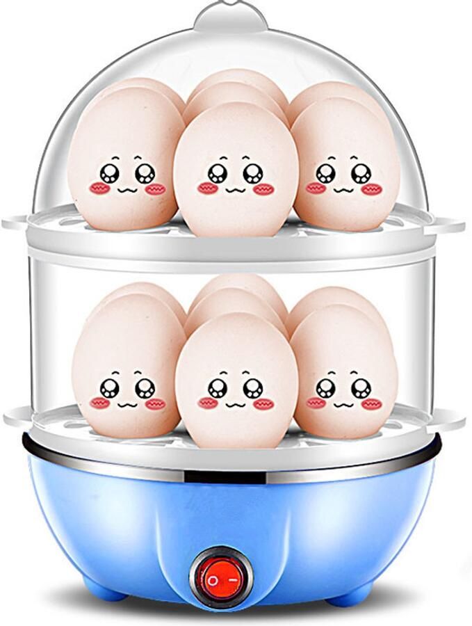 Eierkoker electrischr 350W Eierkoker electrisch Eierkokers 2-Lagen Automatische Uitschakeling 14 Eieren Capaciteit Harde Eierkokers Speciaal 2 Lagen Blauw Kerstcadeau Kerstversiering