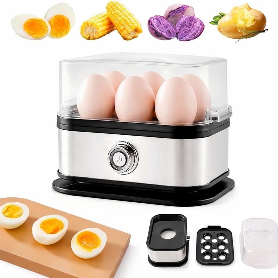 Eierkoker Elektrisch Eistoomapparaat Snel Koken Zacht Hard Gepocheerd Rvs Behuizing Duurzaam Design 6 Eieren Capaciteit Compact Formaat 1 Stuk Inclusief Meetbeker Voor Ontbijt Gezonde Maaltijd