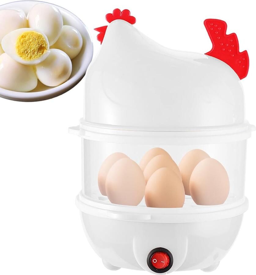 Eierkoker Kip Vorm Stoompan Dubbele Laag Snelle Ontbijtjes Maken 14 Eieren Capaciteit 15.8x15.8x21.8 cm Wit Geel