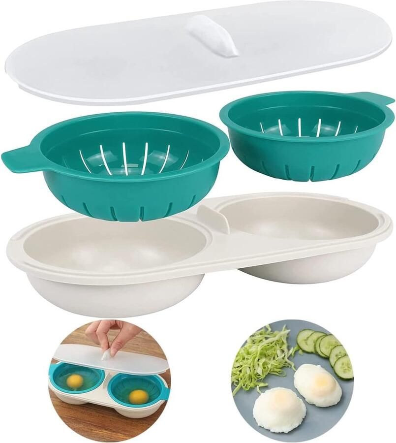 Eierkoker magnetron stoomei dubbele beker eierschaal stoompan hoge capaciteit 2 kopjes design pan met antiaanbaklaag voor het koken van eieren in de keuken (blauw)