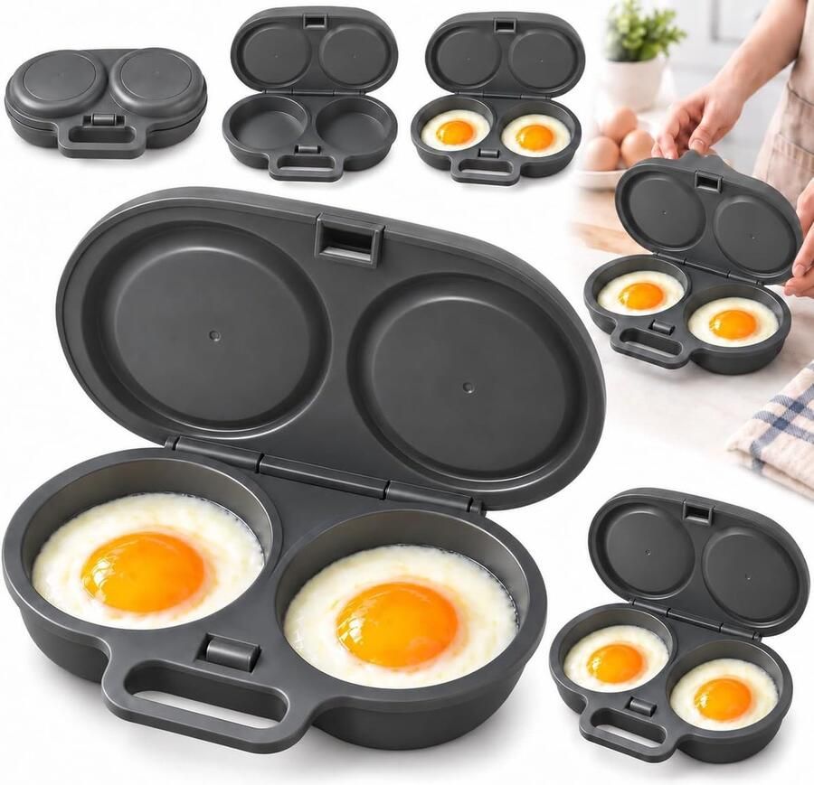 Eierkoker Voedselveilig PP-plastic Draagbare Magnetron Eierkoker Dubbele Holte Voor Keuken Ontbijt Compact formaat Voor Keuken Ontbijt Snelle magnetron-eierkoker Ei Koker Met Deksel en Handvat 2 stuks Grijs