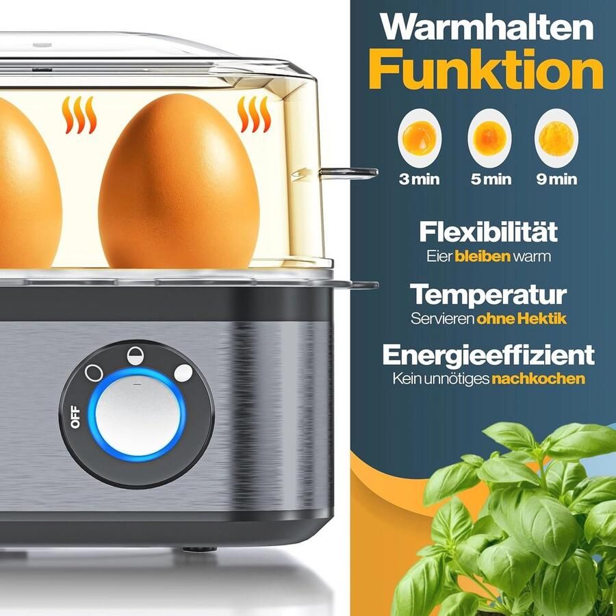 Eierkoker voor 1 tot 8 eieren elektrische RVS eierkoker met warmhoudfunctie LED-draaiknop en drie hardheidsgraden
