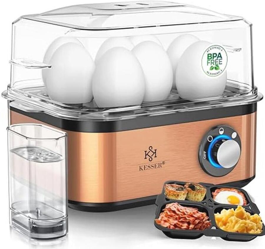 Eierkoker voor 1 tot 8 eieren elektrische RVS eierkoker met warmhoudfunctie LED-draaiknop en drie hardheidsgraden