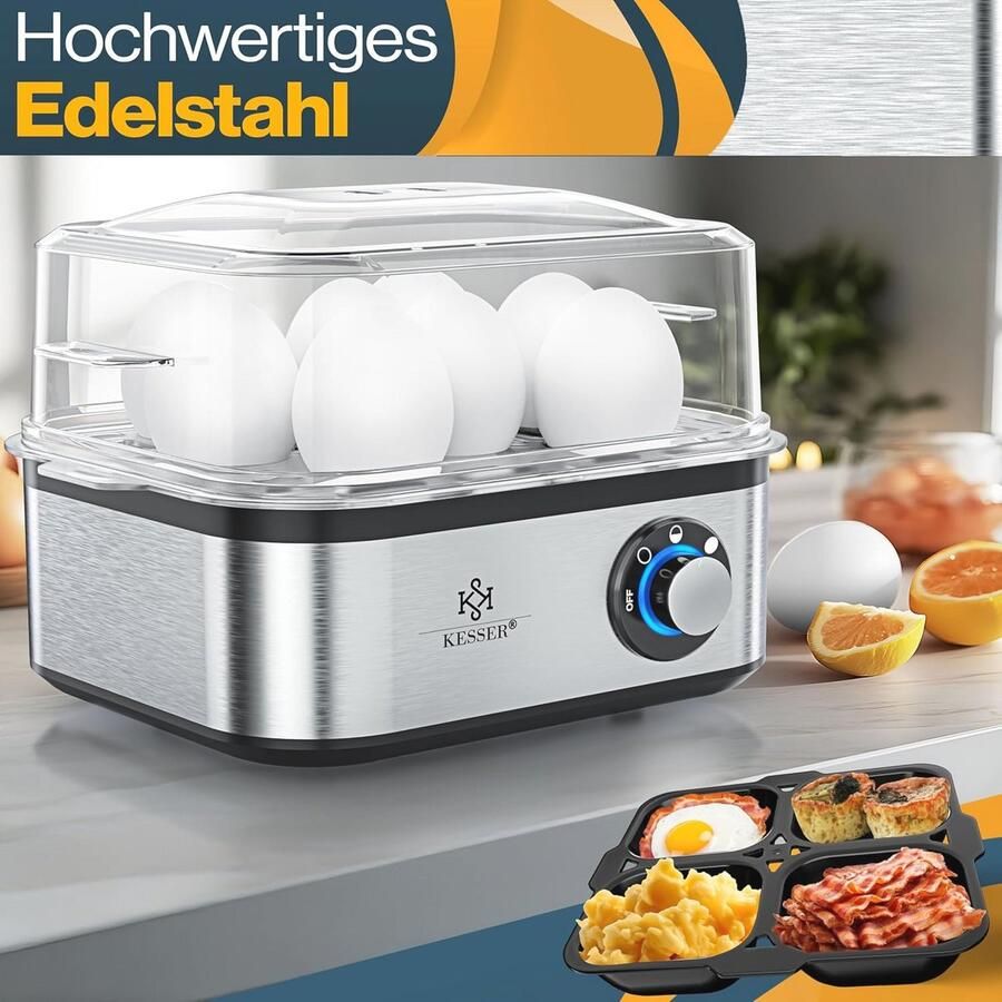 Eierkoker voor 1 tot 8 eieren elektrische RVS eierkoker met warmhoudfunctie LED-draaiknop en drie hardheidsgraden