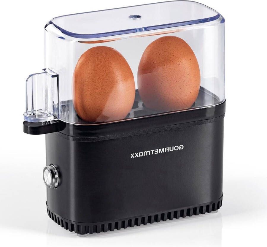 Eierkoker voor 2 eieren energiebesparend eenvoudige bediening perfect ontbijteieren maatbeker en eierprikker compact design BPA-vrij zwart