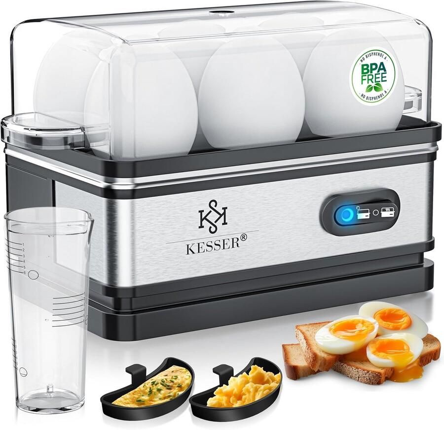 Eierkoker voor 6 Eieren met Warmhoudfunctie Elektrisch RVS 3 Hardheidsniveaus