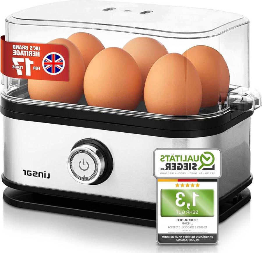 Eierkoker voor 6 eieren Selecteerbare hardheid Van roestvrij staal Incl. eierlepel met eierpons Vaatwasmachinebestendig 400 Watt Eierkoker