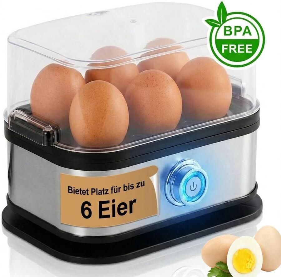 Eierkoker Voor 6 eieren Stoom Zacht tot hard gekookt 200W RVS BPA-vrij Automatisch uitschakelen Vaatwasbestendig Snel en veilig