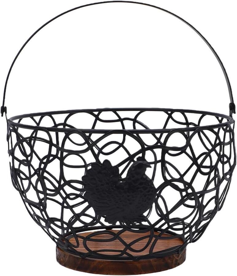 Draad Eiermand Metalen Mand Eieren Opslaan Decoratieve Haan 21x21x15 cm Zwart