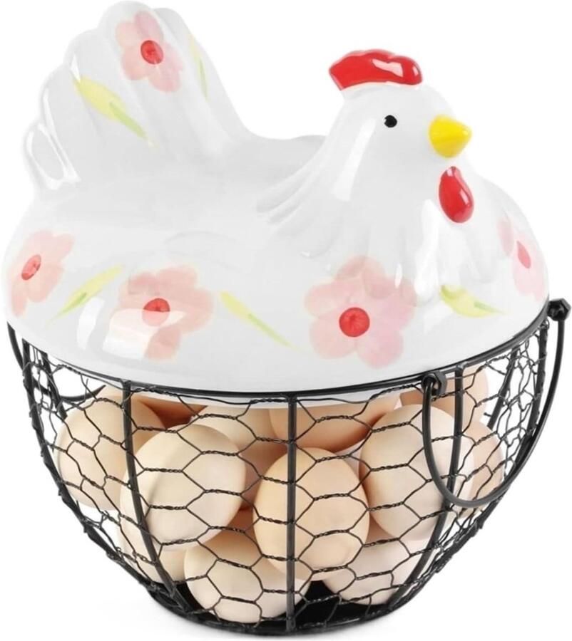 Eiermand Decoratief Keramische Kip Eieren Verzamelen Draadmand Ontwerp 19.5x23.5 cm Wit