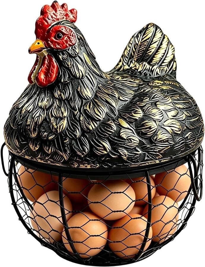 Eiermand Decoratief Opbergmand Keuken Aardappelen Uien Opslag Kippen Hars Deksel 20x20x25cm Zwart