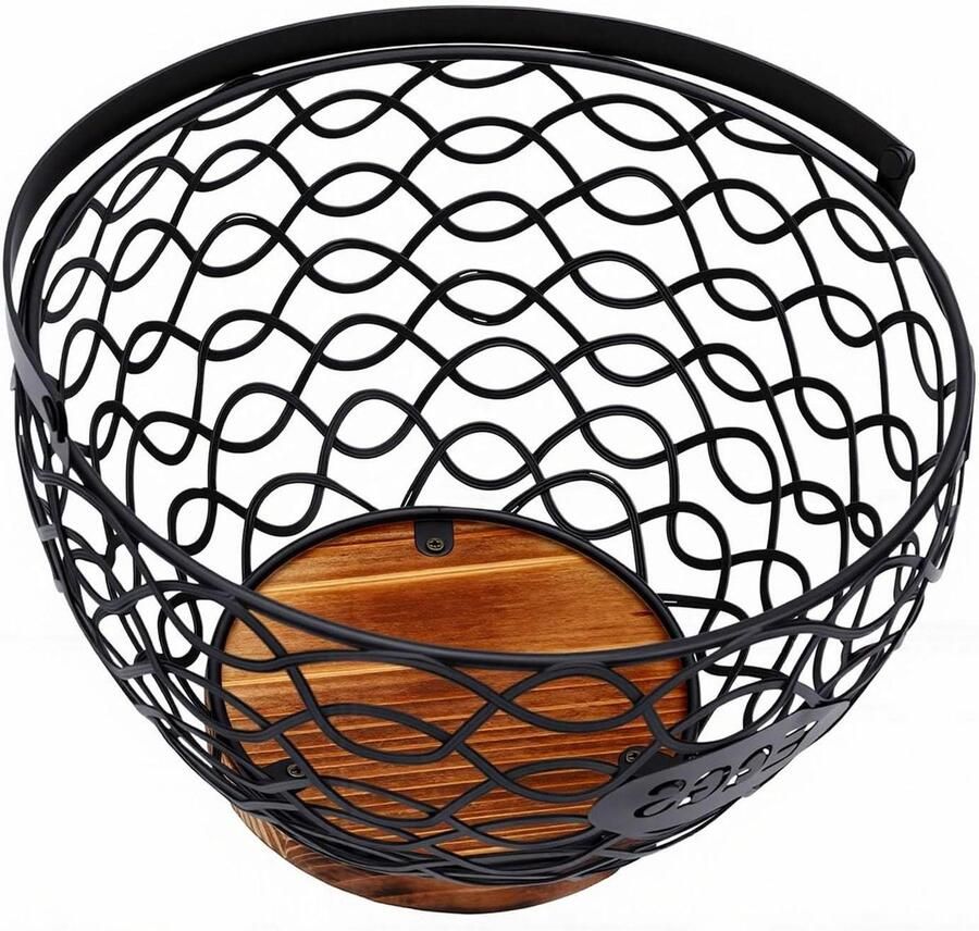 Eiermand Draad Metalen Houder Aanrecht Opslag Antislip Houten Basis 21x20.6x15 cm Zwart