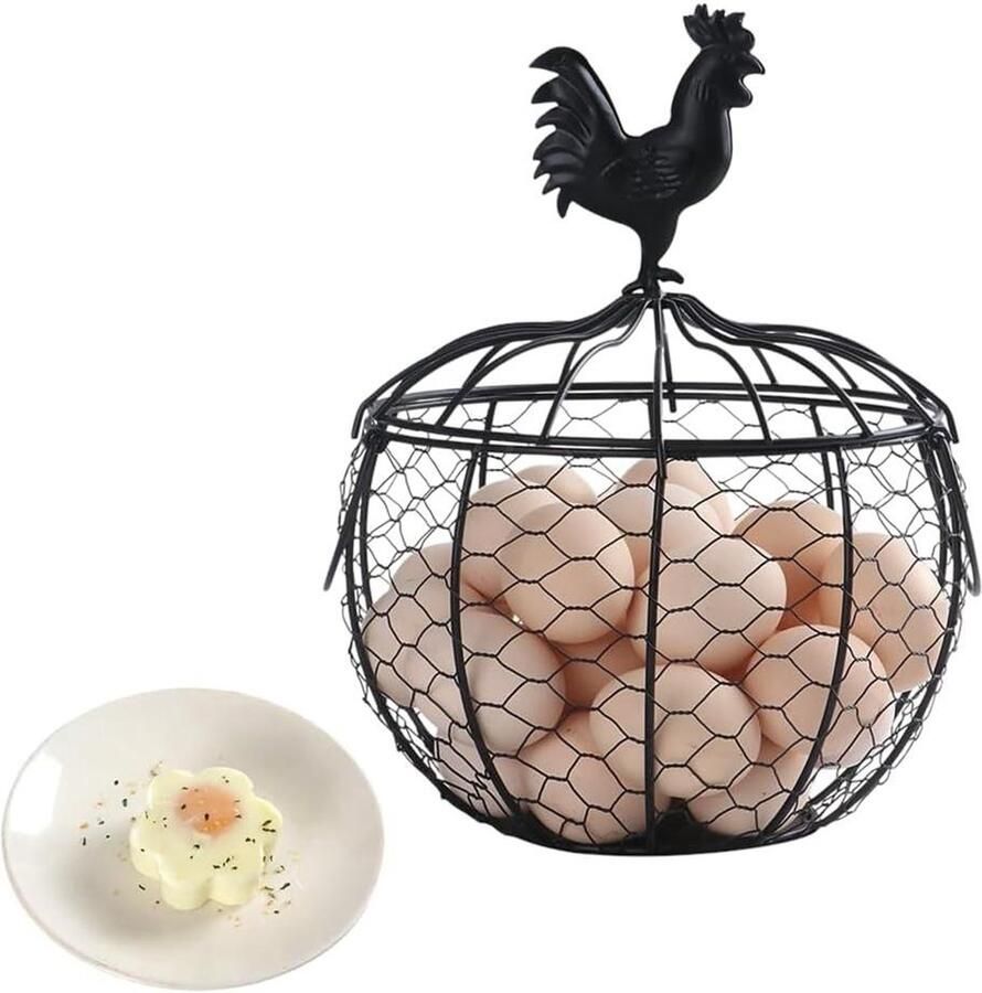 Eiermand met Handvat Metalen Houder Verse Eieren Bewaren Rustieke Haan Decoratie 25-35 Eieren Zwart
