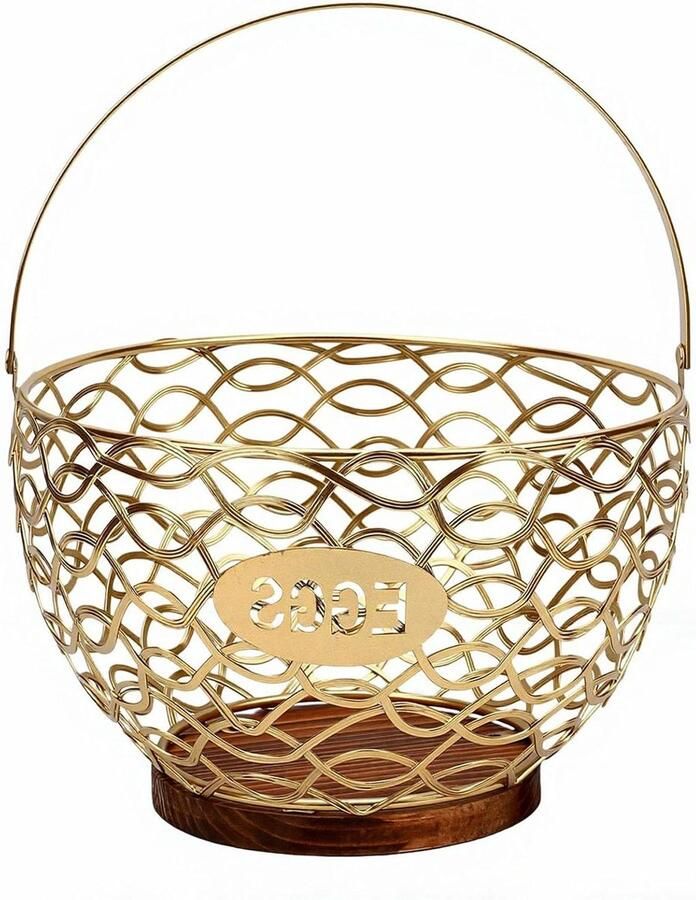 Eiermand met Houten Basis Keukenmand Opbergmand Eieren Opbergen Roestbestendig Verdikt Draad 205x14x12cm Goud