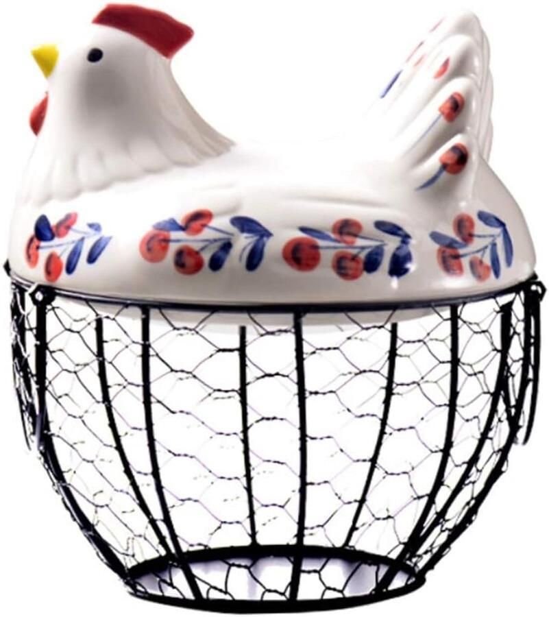 Eiermand Metaal Fruitmand Keuken Verse Eieren Bewaren Met Decoratieve Kip 26x26x20 cm Zwart