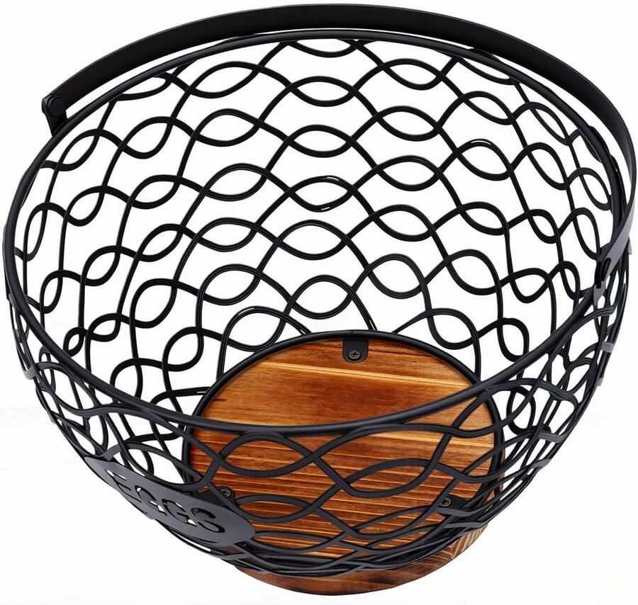 Eiermand Opbergmand Keuken Organisatie Met Houten Basis 21 x 20.6 cm Zwart