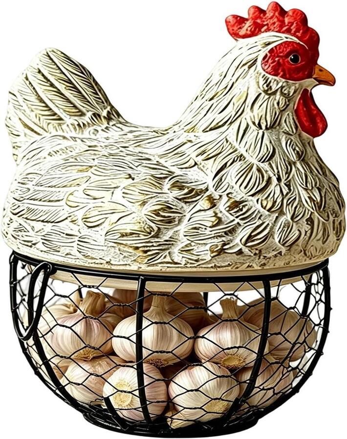 Eiermand Kip Eierhouder Mand Keuken Opbergen Boerderijstijl Ontwerp 20x20x25 cm Wit