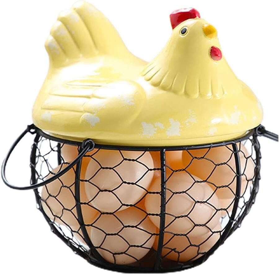 Eieropbergmand Mand voor Eieren Keuken Organisatie Keramisch Deksel 19x16x10cm Geel