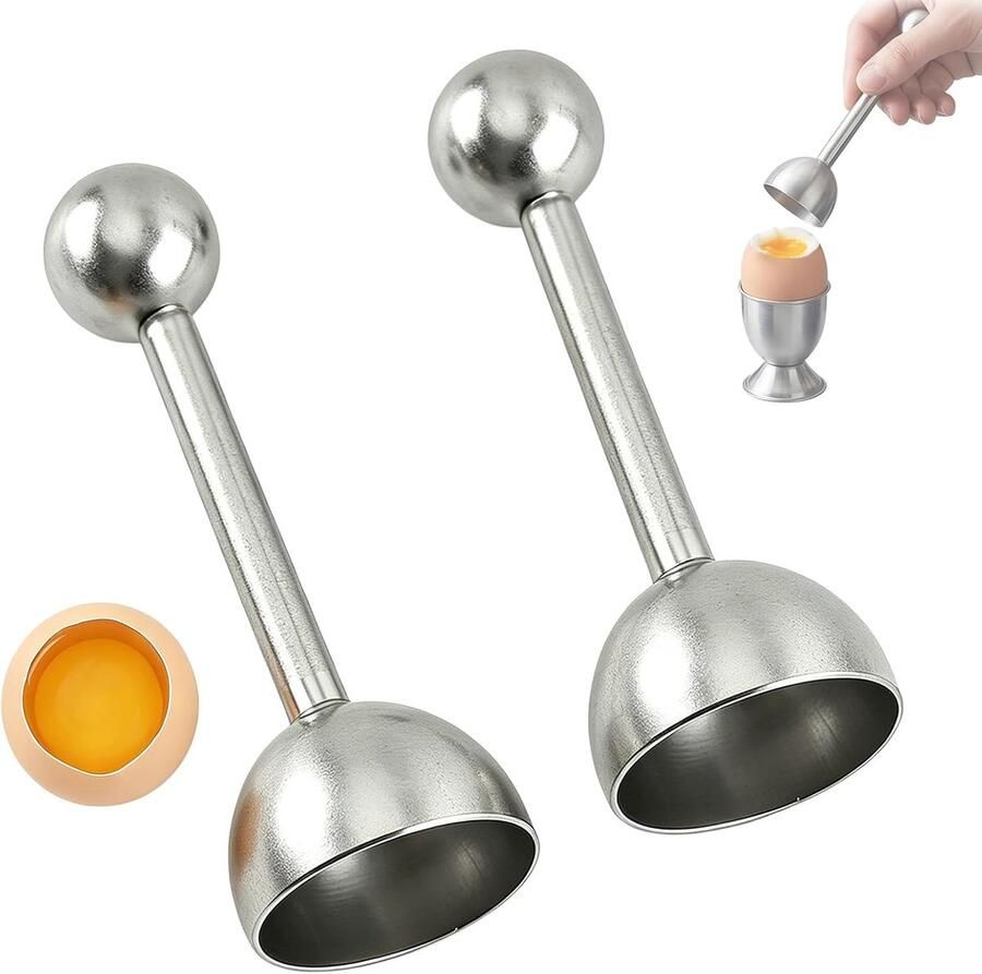Eieropener voor gekookte eieren 2 stuks roestvrijstalen eierkopjes hoogwaardig keukengereedschap met bal voor perfect geopende zachte en harde eieren