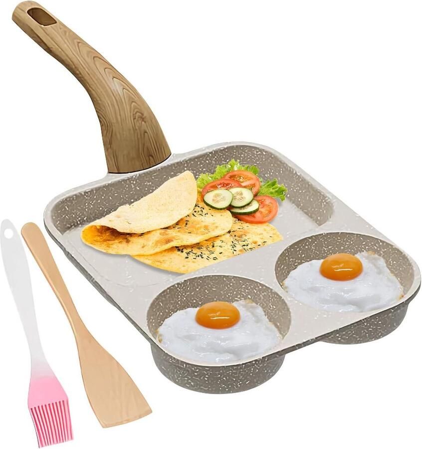 Eierpan 3-delig Pannenkoekenpan Verdeeld Ontbijt Maken Antiaanbaklaag Gelijkmatig 39x19x9cm Wit