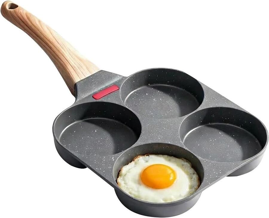 Eierpan 4 holtes Ontbijtpan koekenpan Gezond koken Temperatuurindicator strip 18 x 38 cm Zwart
